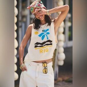 Urban Outfitters RIO Graphic Tank Top - Cream, Blue, Yellow, Black